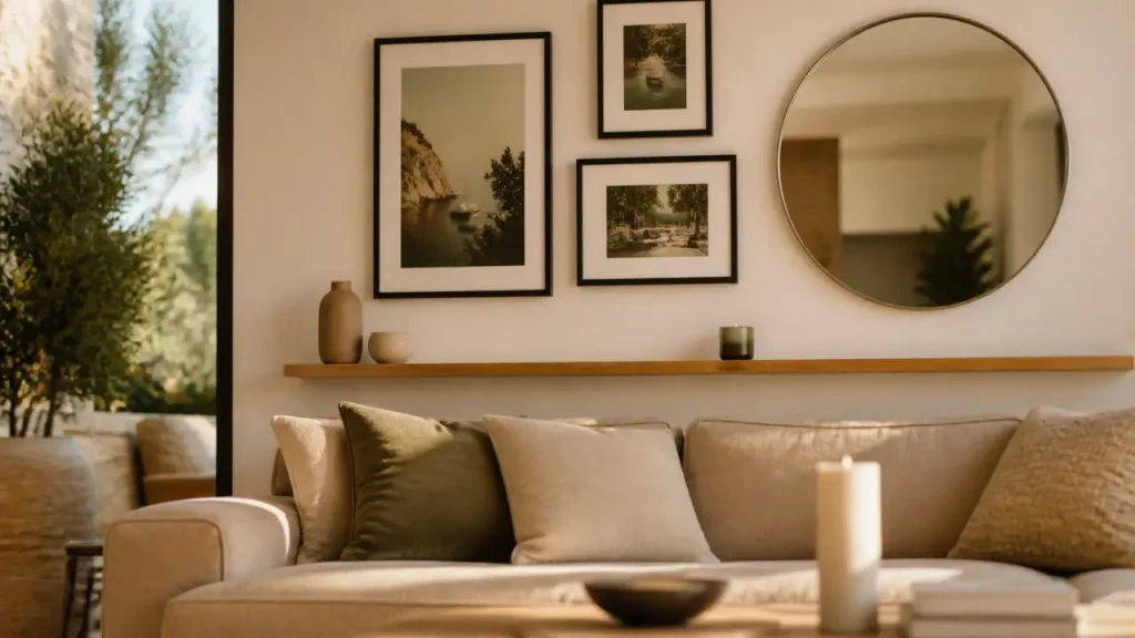 Décorer un mur blanc : galerie de cadres noir, miroir rond et étagère flottante