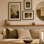 Décorer un mur blanc : galerie de cadres noir, miroir rond et étagère flottante