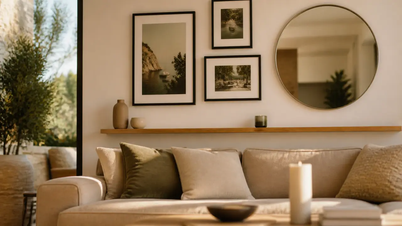 Décorer un mur blanc : galerie de cadres noir, miroir rond et étagère flottante