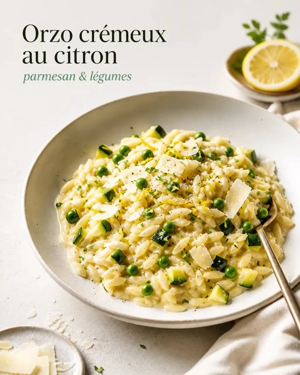 Recette orzo crémeux au citron, parmesan et légumes dans une assiette dressée