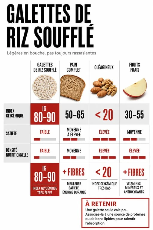 Galettes de riz soufflé : infographie santé sur l’index glycémique, la satiété et les alternatives