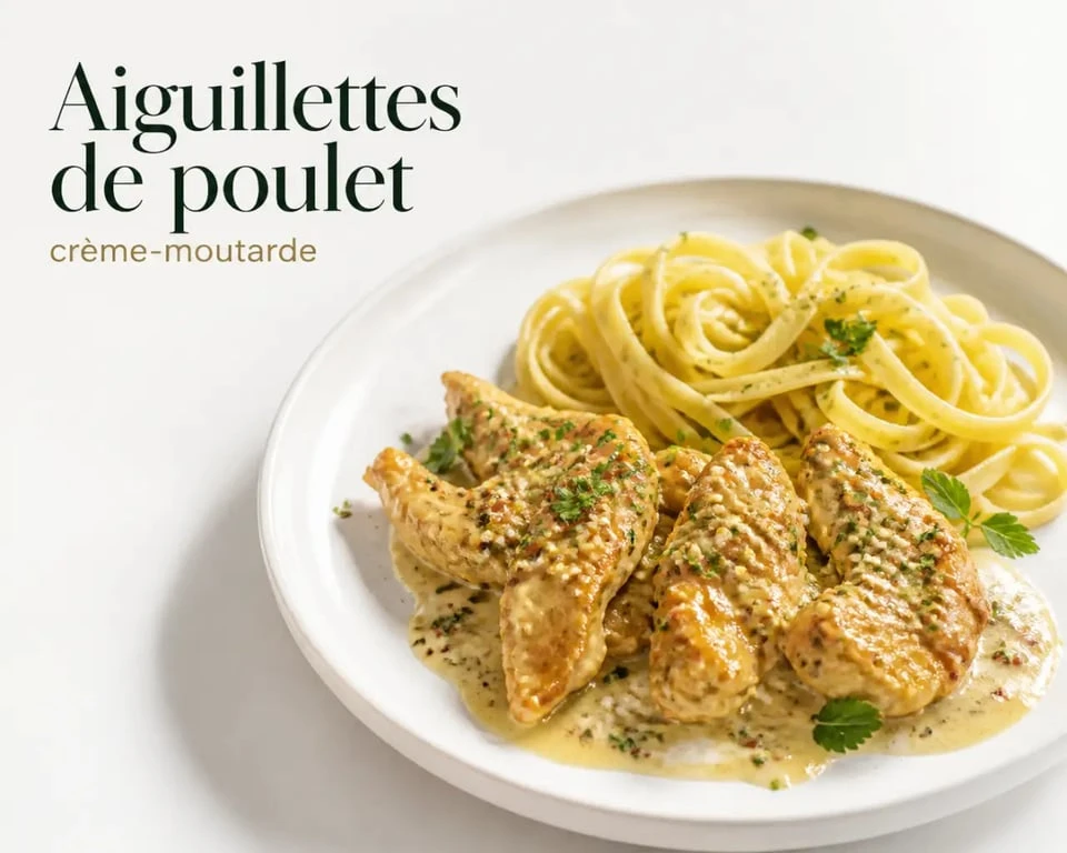 Recette d’aiguillettes de poulet crème-moutarde servies en assiette, photo appétissante