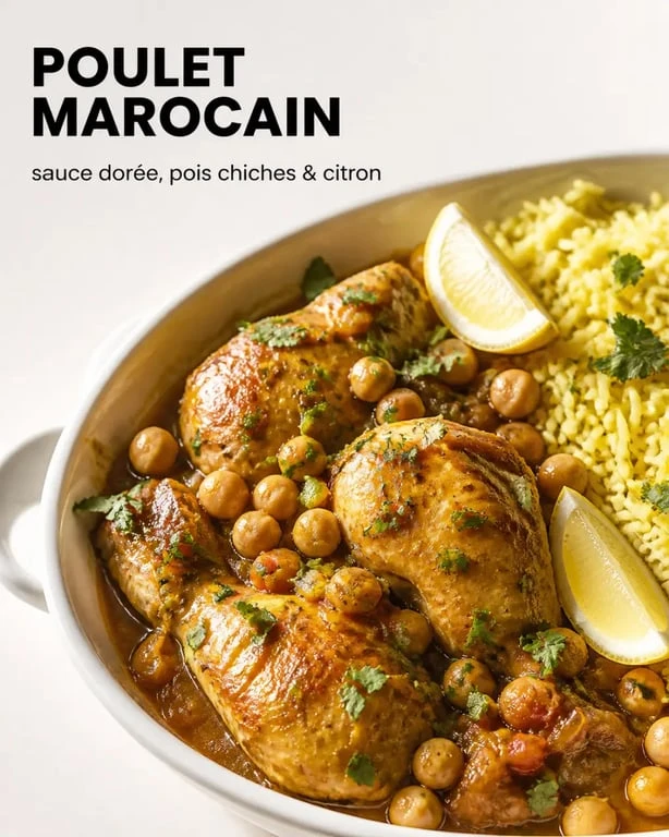 Recette au poulet marocain servie en plat familial avec sauce parfumée, pois chiches et riz au safran