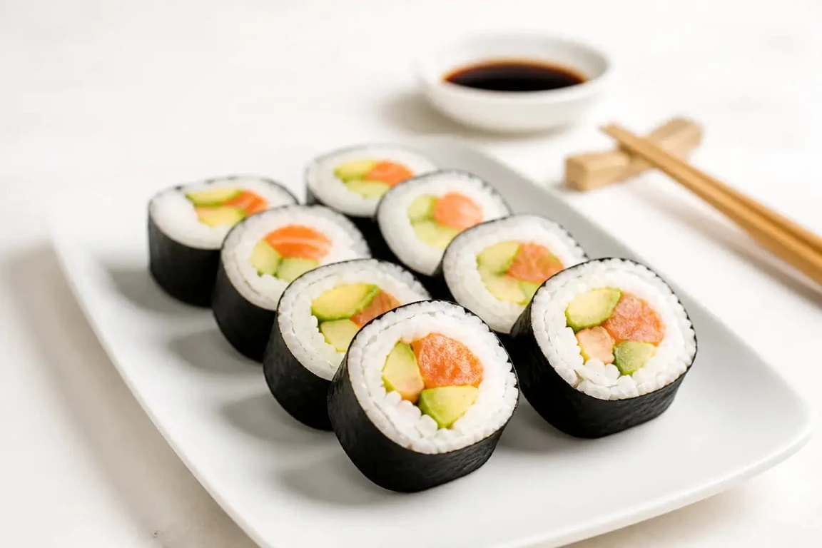 Comment faire des sushi : plateau de makis maison joliment dressés sur une assiette sobre