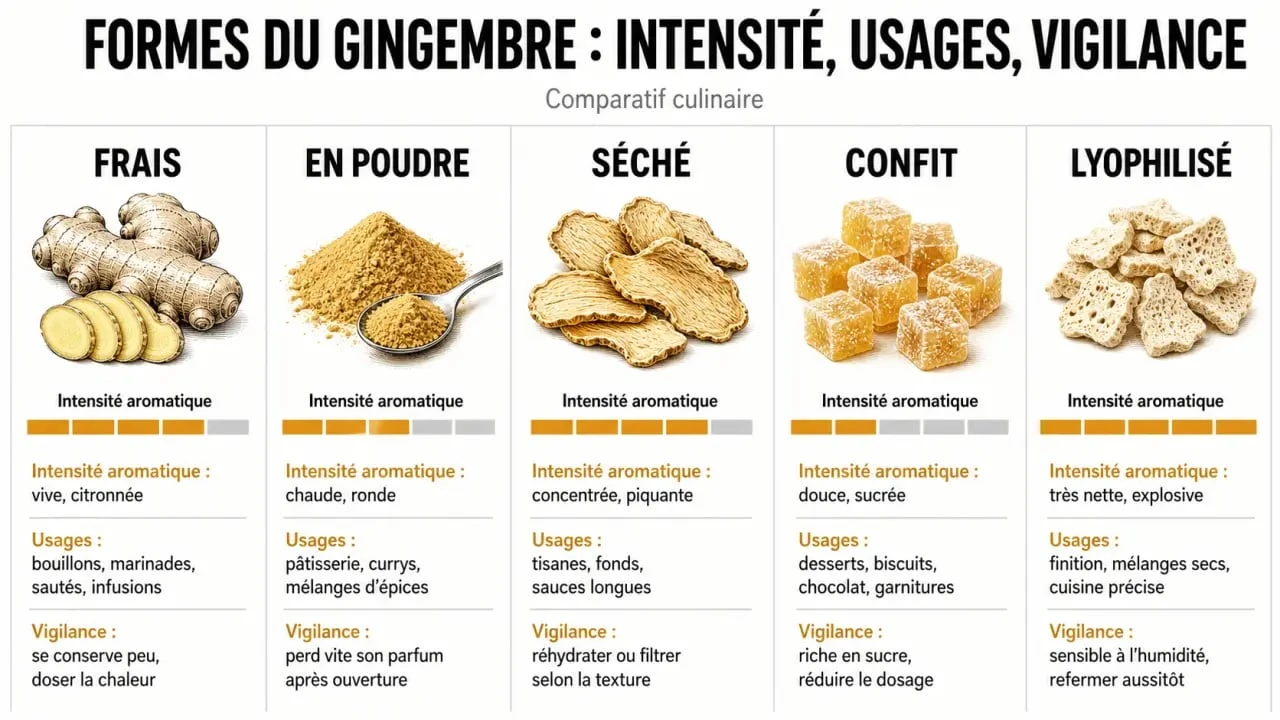 Infographie gingembre cuisine : comparaison des formes fraîches, en poudre, séchées, confites et lyophilisées avec usages et intensité