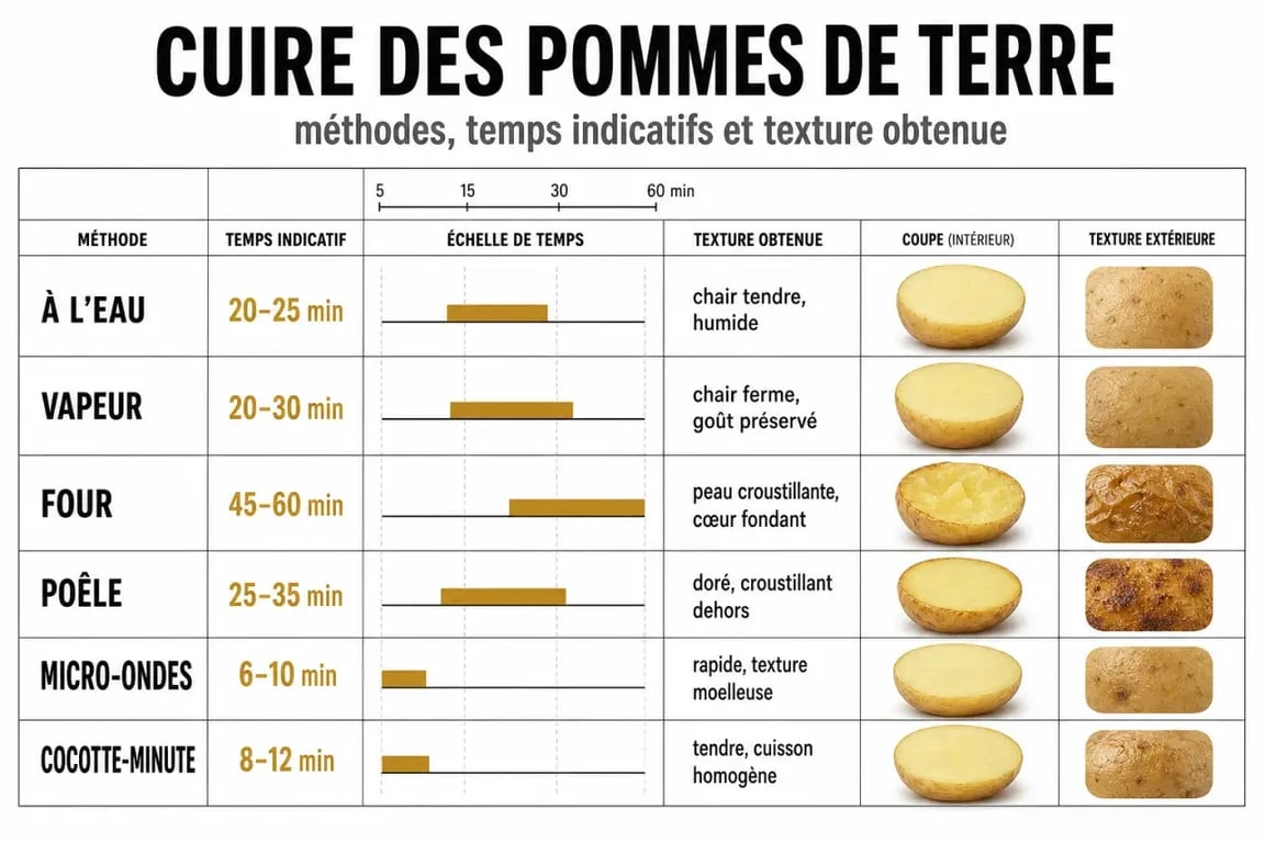 Cuire des pommes de terre : tableau visuel des temps de cuisson selon la méthode