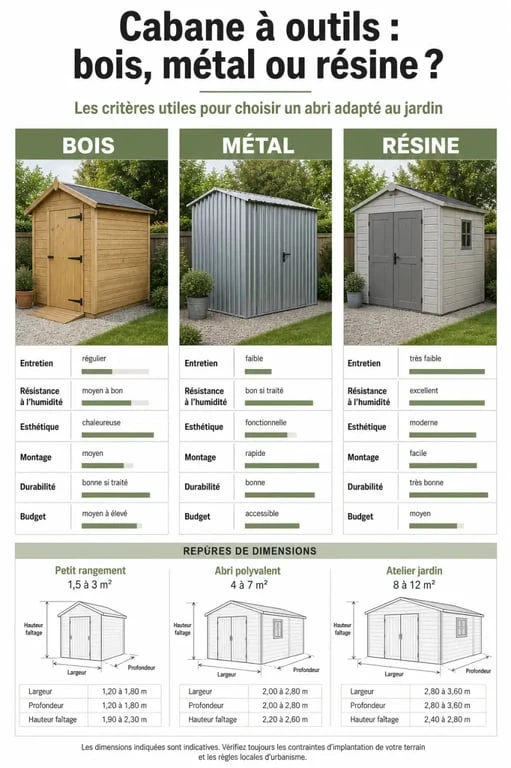 Cabane à outil de jardin : comparaison visuelle bois, métal et résine