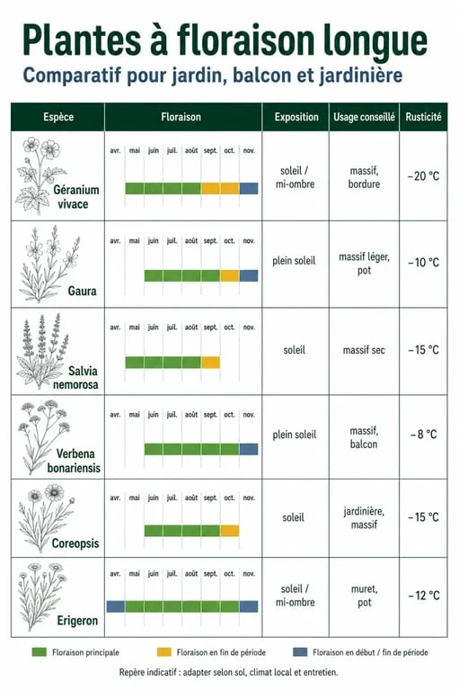 Plante qui fleurit toute l'année : comparaison visuelle des espèces à floraison longue pour balcon, terrasse et jardin