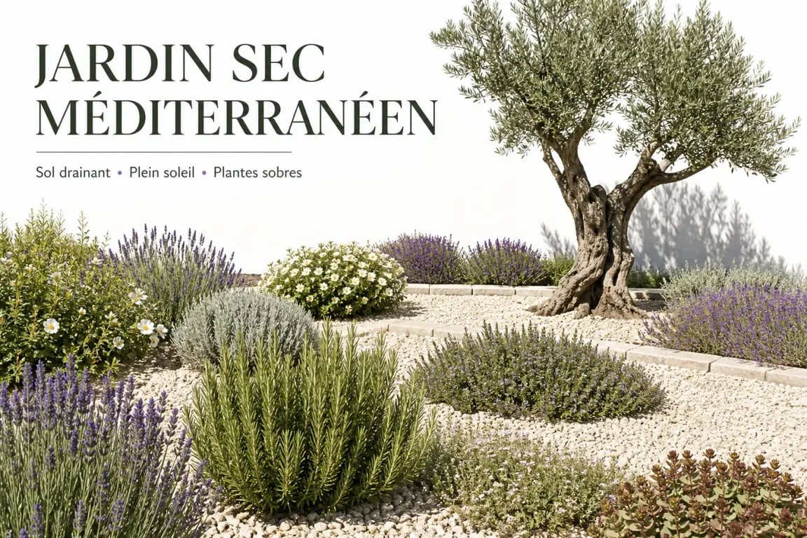 Plantes méditerranéennes sans arrosage dans un jardin sec en plein soleil avec lavande, romarin et gravier