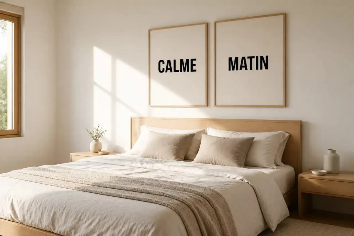 Décorer mur blanc dans une chambre avec bois clair, cadres minimalistes et matières naturelles