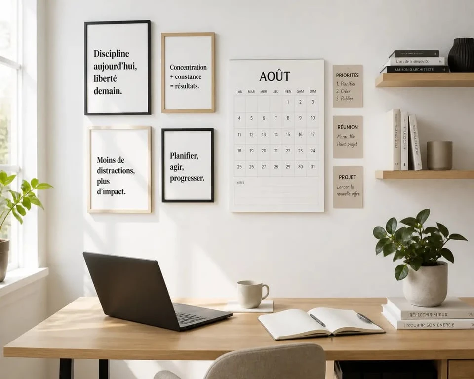 Décorer mur blanc dans un bureau avec étagères, galerie murale et plante verte