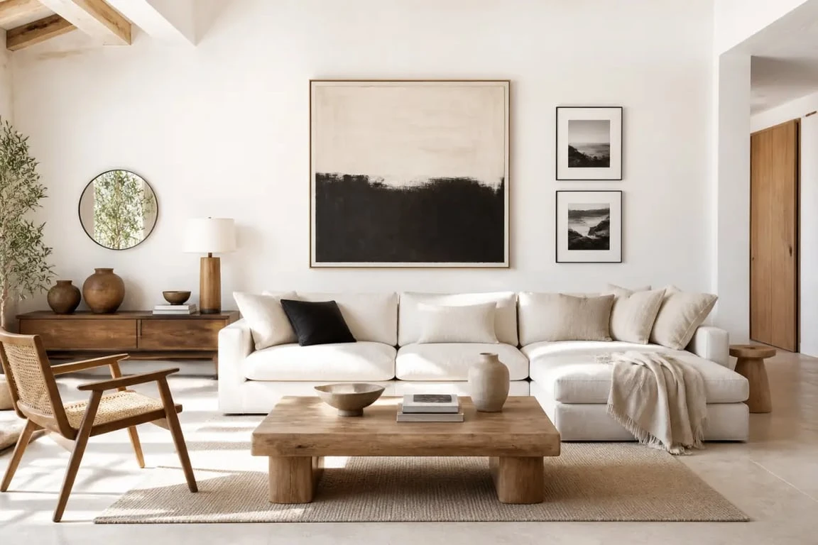 Décorer mur blanc dans un salon lumineux avec cadres, miroir et matières naturelles