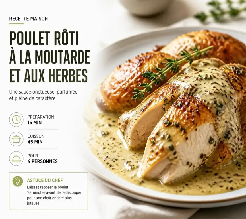 Poulet rôti nappé d'une sauce onctueuse à la moutarde, idée de sauce accompagnement pour poulet