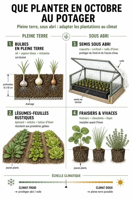 Que planter en octobre au potager : tableau visuel des semis et plantations selon pleine terre ou sous abri