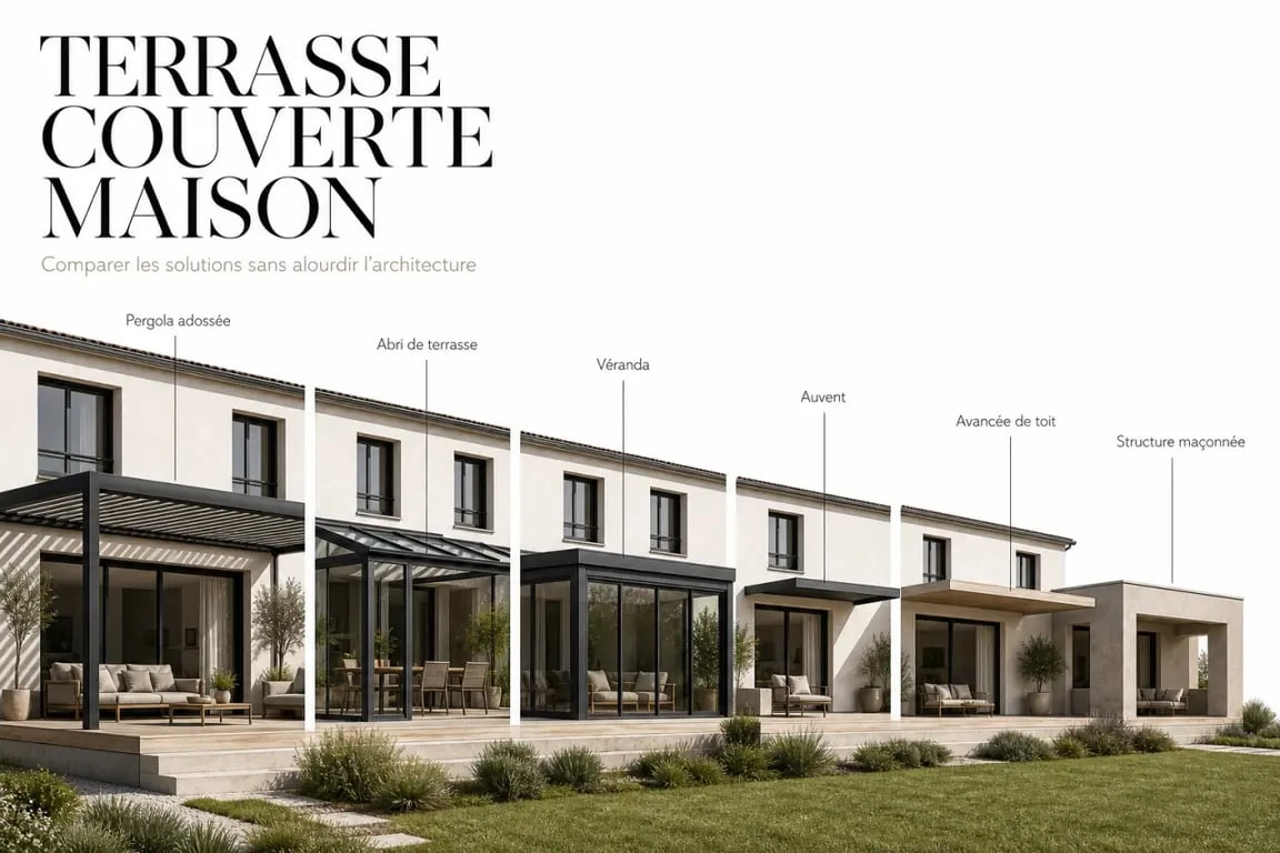 Terrasse couverte maison : comparaison visuelle des solutions pergola, véranda, auvent et abri de terrasse