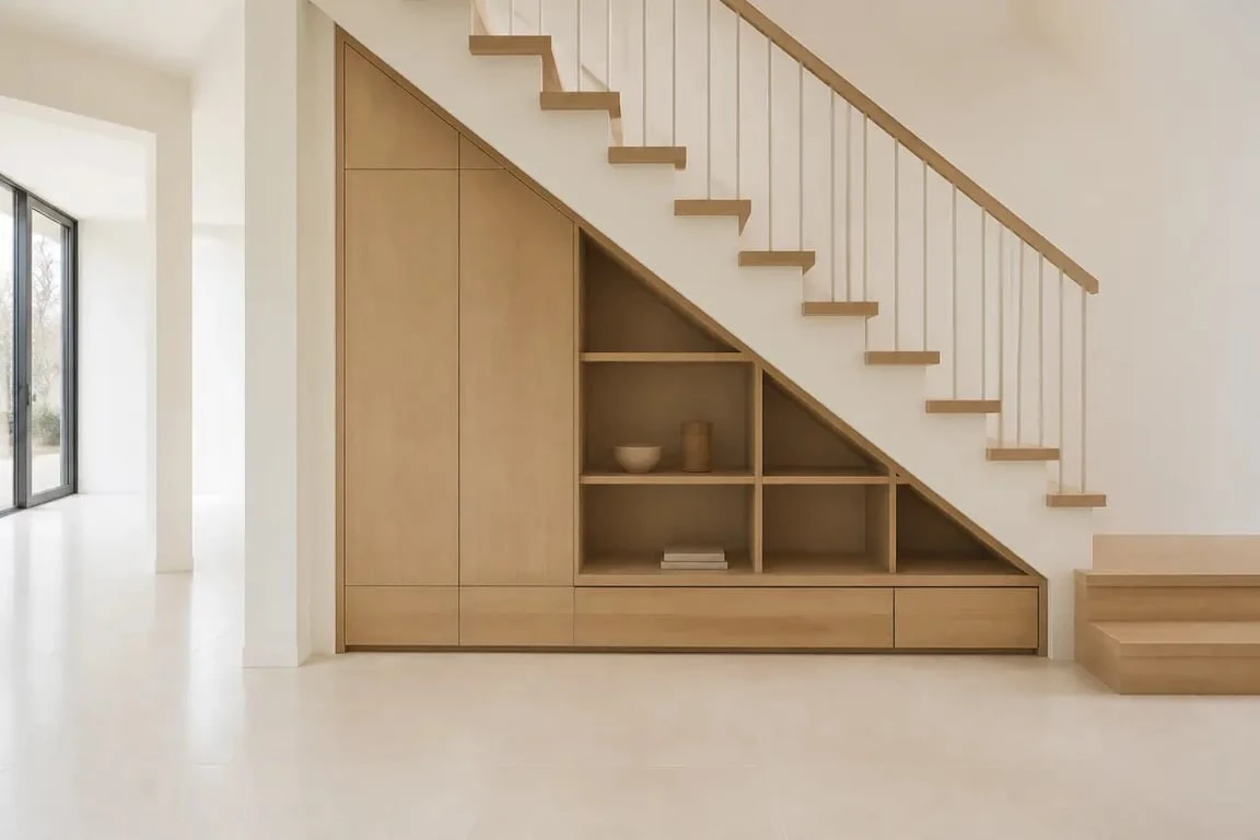 Aménagement sous escalier ouvert avec rangements bas intégrés dans une entrée