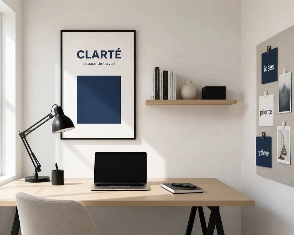 Décorer un mur blanc dans un bureau avec affiche graphique et étagère fine