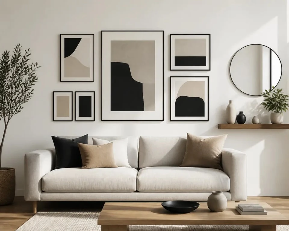Décorer un mur blanc dans un salon avec cadres, miroir et étagère flottante