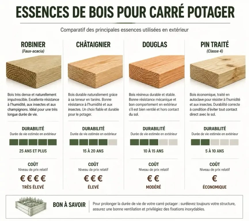 Comparatif des essences de bois pour la fabrication d'un carré potager : durabilité et coût