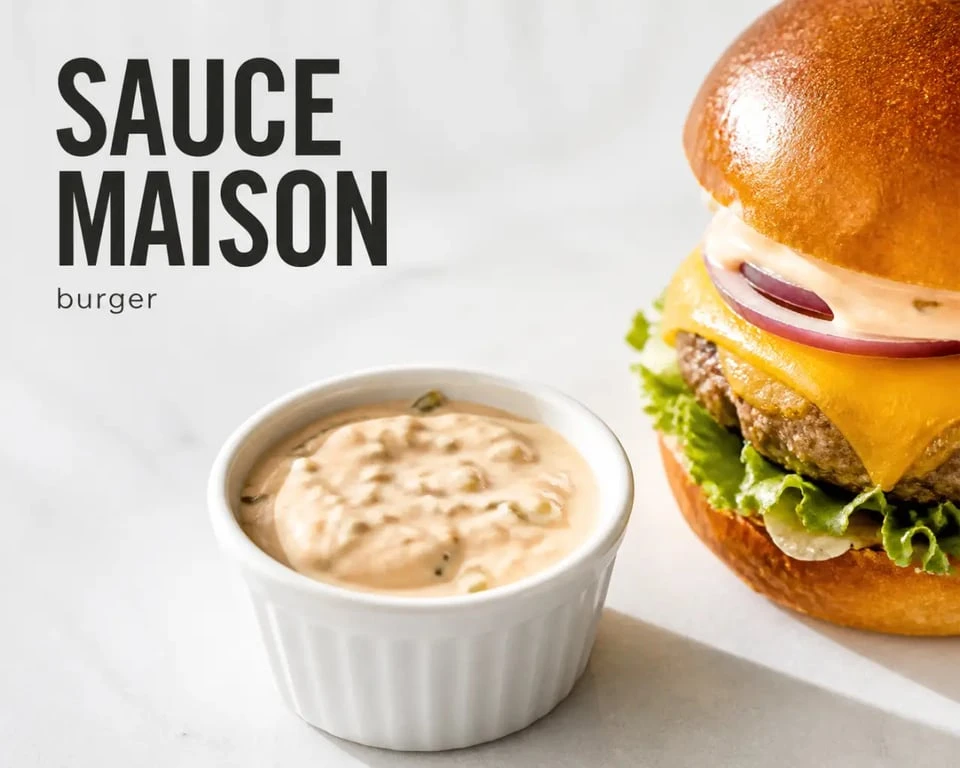 Sauce maison pour hamburger servie en ramequin à côté d’un burger gourmand