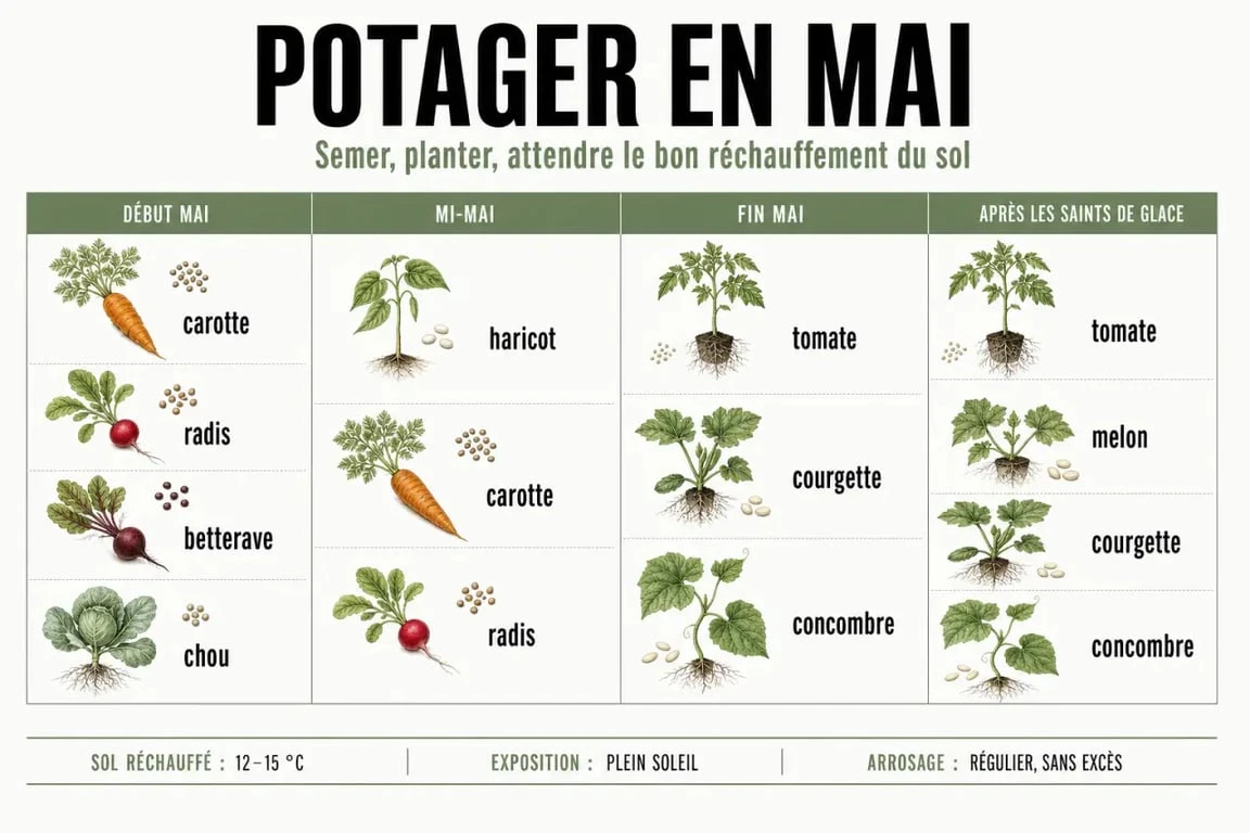 Que planter en mai au potager : calendrier visuel des semis et plantations