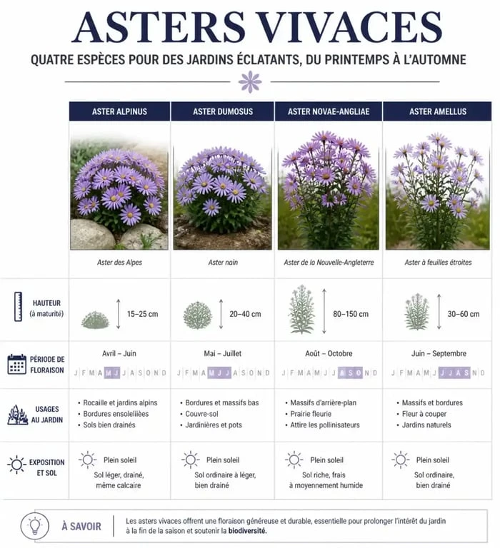 Tableau comparatif des différentes variétés d'asters vivaces pour le jardin