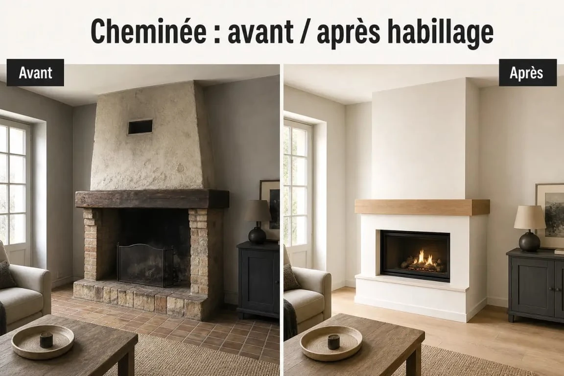 Habillage ancienne cheminée : avant/après d’une cheminée rustique transformée en cheminée moderne