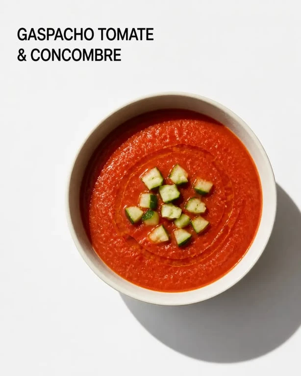 Gaspacho tomate concombre servi très frais dans un bol, avec dés de concombre et filet d’huile d’olive