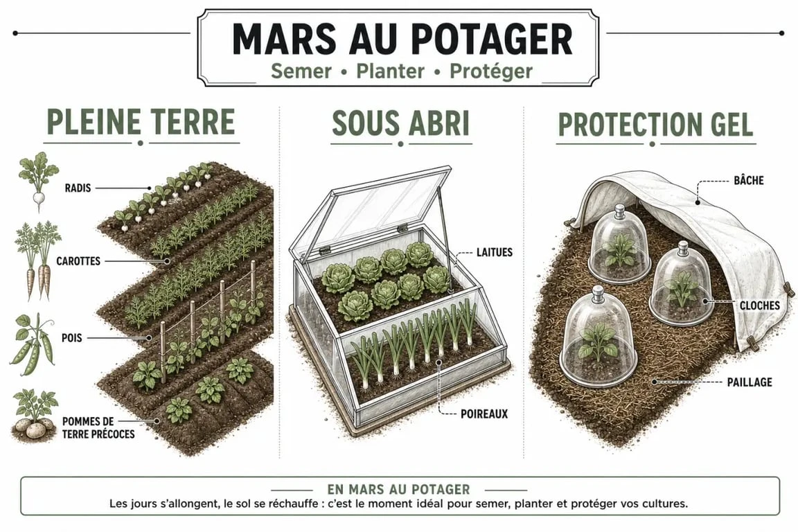 Que planter en mars au potager : résumé visuel des semis, plantations et protections selon le risque de gel