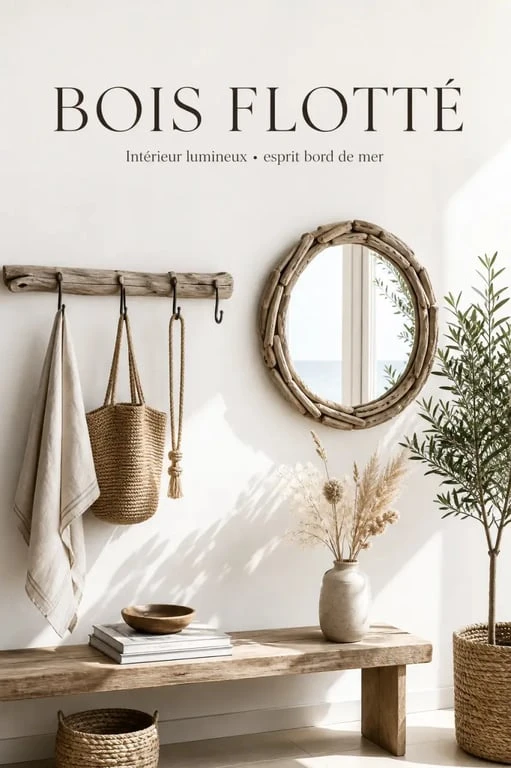 Idées déco bois flotté ambiance nature dans un salon lumineux avec miroir, fleurs séchées et plantes