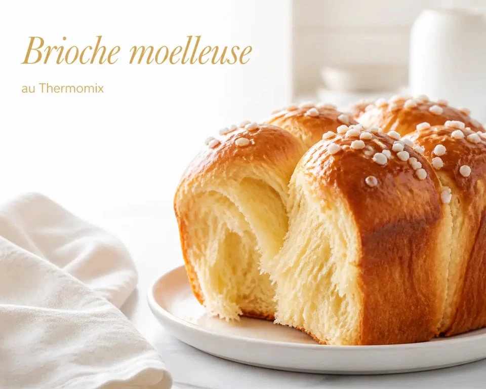 Recette thermomix brioche moelleuse et dorée, vue en 3/4 sur assiette blanche
