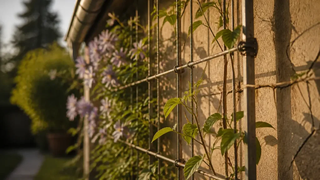 Faire grimper des plantes sur un mur : treillis en acier pour clématite