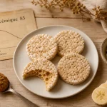 Galettes de riz soufflé sur table en bois, IG 85, satiété faible