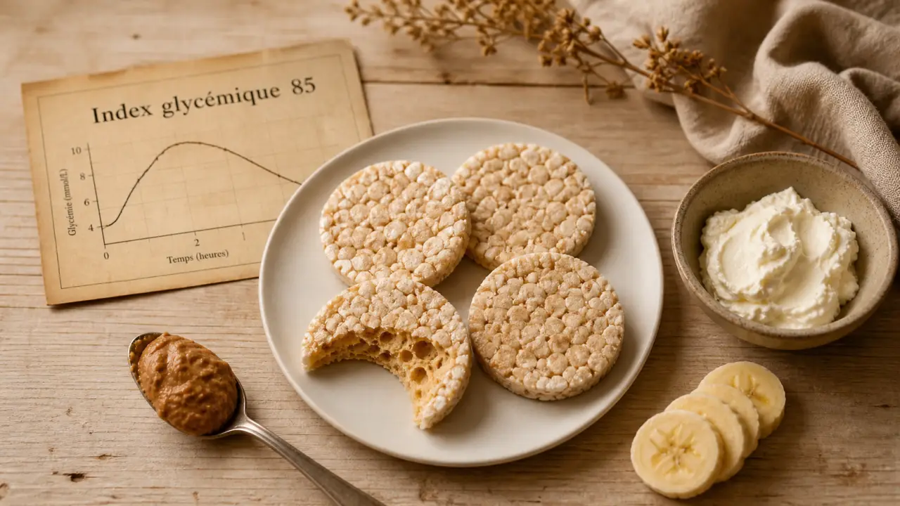 Galettes de riz soufflé sur table en bois, IG 85, satiété faible