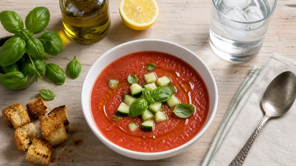 Gaspacho tomate concombre très frais, bol et dés de concombre