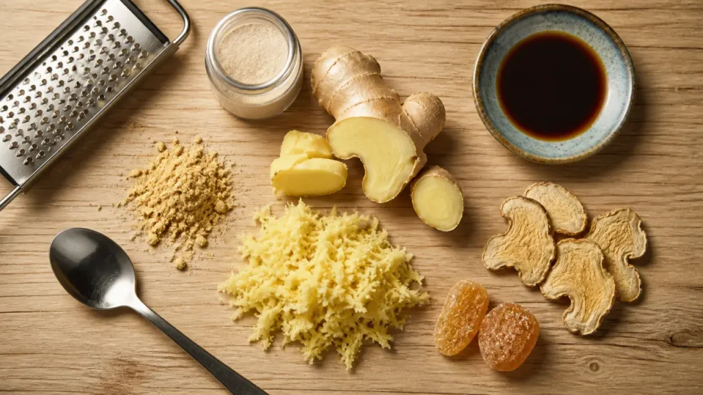 Gingembre cuisine : gingembre frais râpé et poudre pour dosage