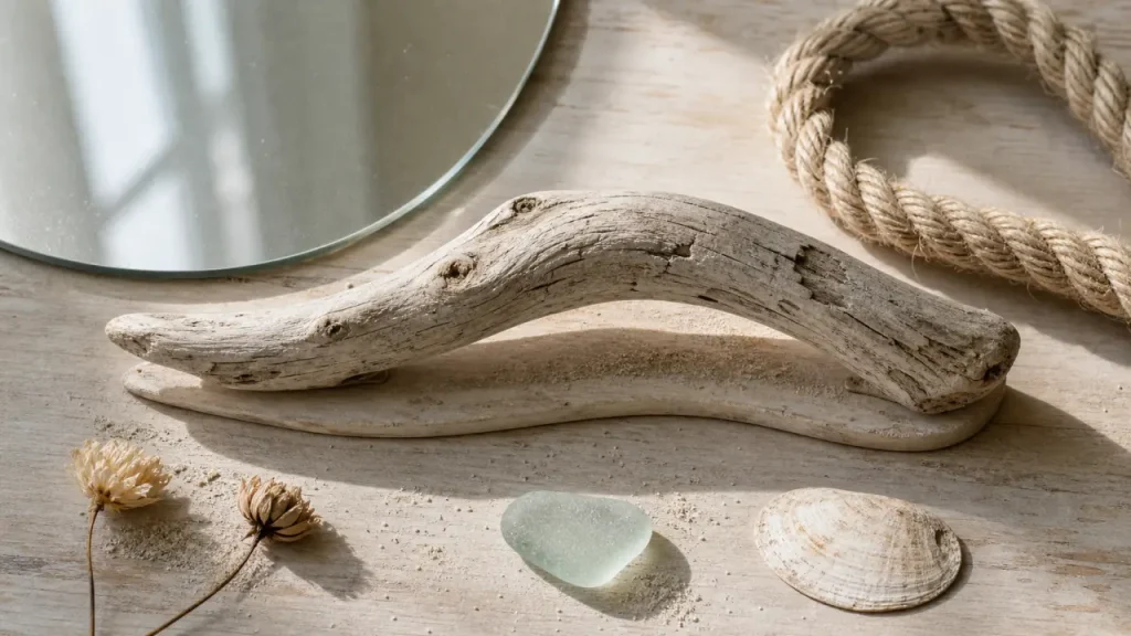 Idées déco bois flotté ambiance nature : miroir et bois flotté sur table