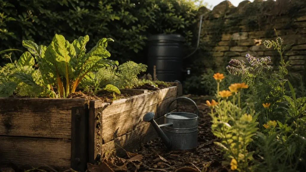 La permaculture au potager : paillage et planche en bois, eau récupérée, arrosoir au pied