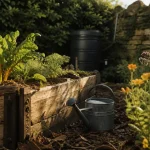 La permaculture au potager : paillage et planche en bois, eau récupérée, arrosoir au pied