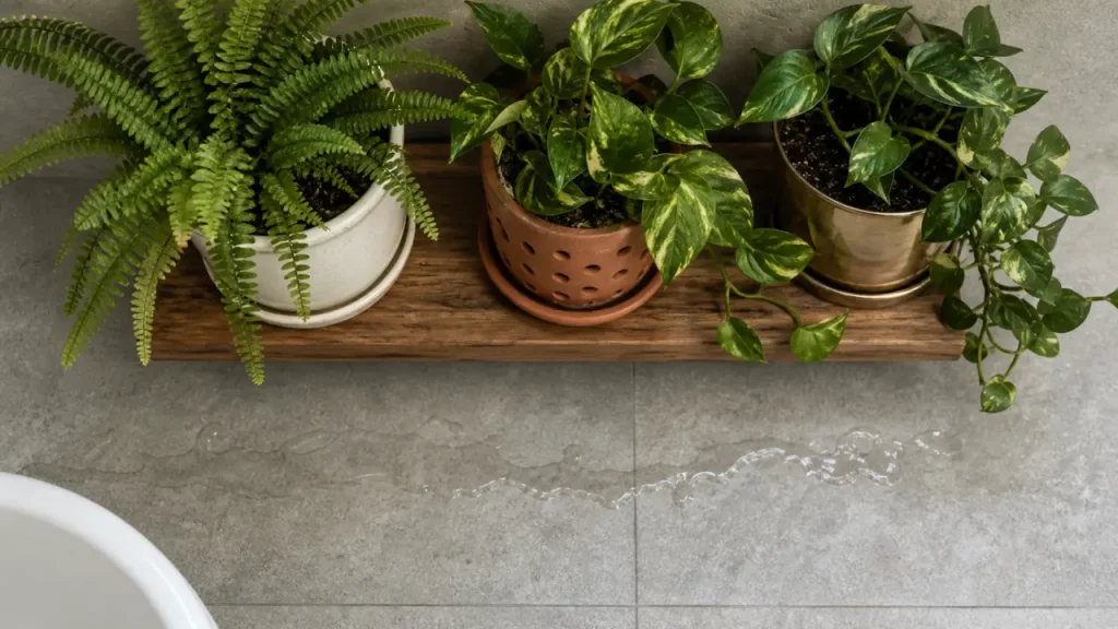Plantes faciles pour salle de bain : fougère de Boston et pothos, faible lumière et humidité.