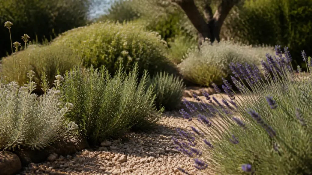 Plantes méditerranéennes sans arrosage : lavande et romarin en jardin sec en plein soleil