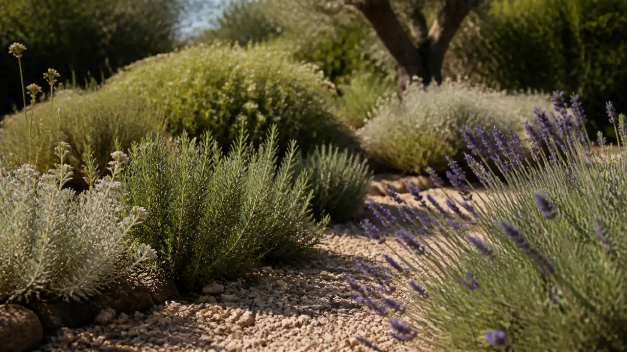 Plantes méditerranéennes sans arrosage : lavande et romarin en jardin sec en plein soleil