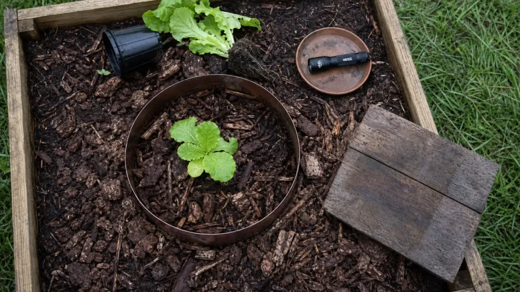 Anneau anti-limaces pour protéger son potager des limaces autour d’un plant de salade