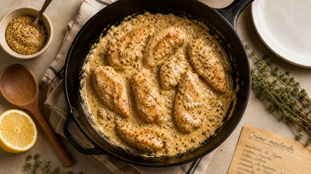 Recette d'aiguillettes de poulet en sauce crémeuse crème-moutarde