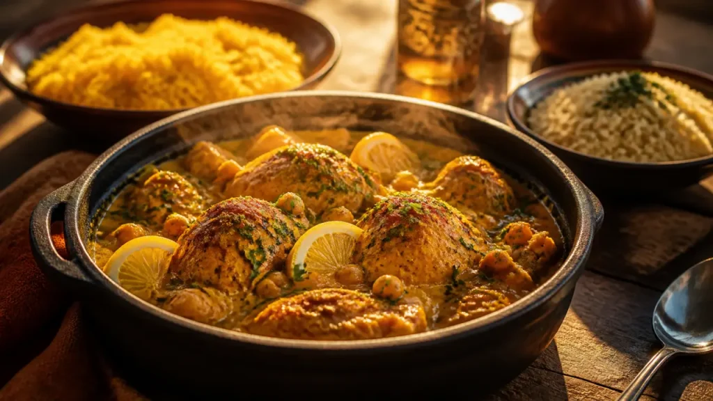 Recette au poulet marocain mijoté : cocotte fumante et sauce ocre