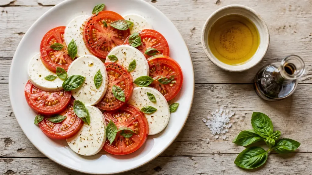 Salade mozzarella tomate fraîche, mozzarella bien égouttée et tomates