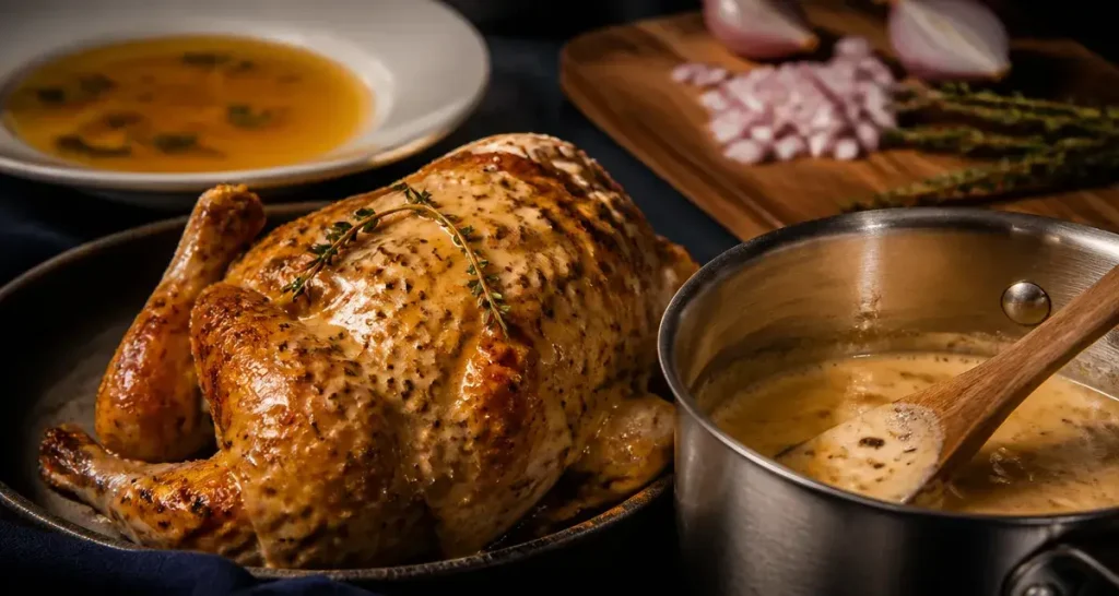 Sauce accompagnement pour poulet à la moutarde, nappée sur rôti doré