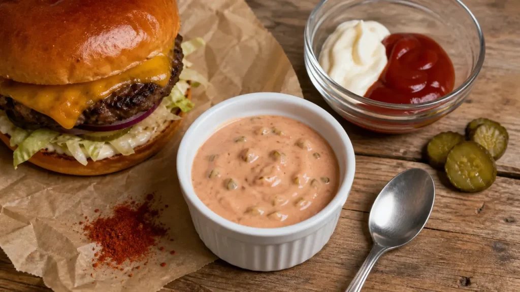 Sauce maison pour hamburger, recette rapide : sauce rosée aux cornichons et fumé