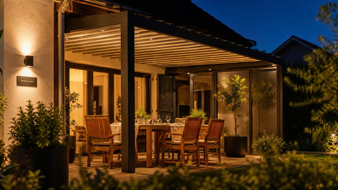 Terrasse couverte maison avec pergola alu moderne et parois vitrées