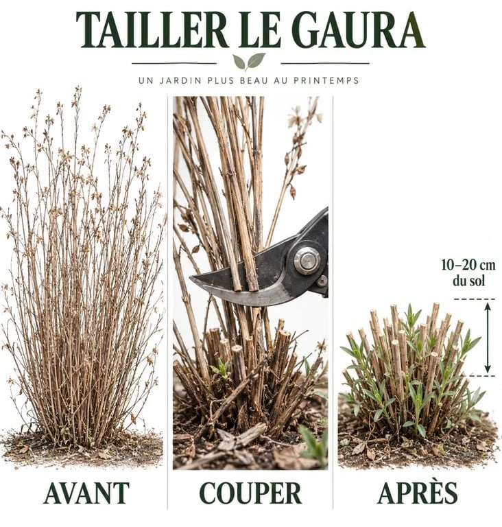 Schéma avant après de la taille du gaura à 10 à 20 cm du sol